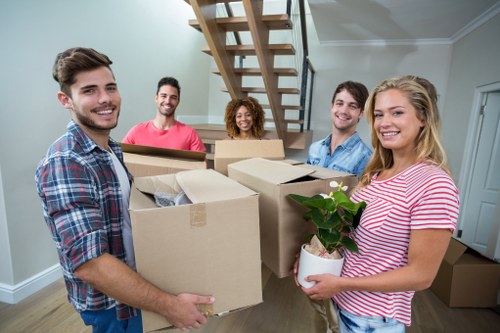 Organized student items packed for storage near Brimsdown